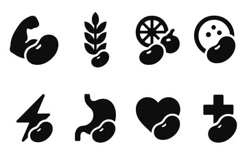 Bean Nutrition Icons. Solid, filled icon set of bean nutrition: protein, fiber, vitamins, mineral salts, antioxidants, energy, digestive health, heart health.