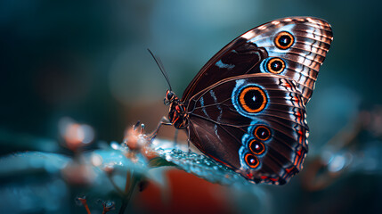 A butterfly with intricate patterns perched on a branch in a natural setting viewed from a close-up perspective