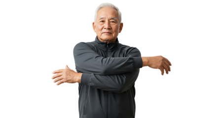 Senior Asian man stretching his arms