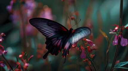 A butterfly in mid-flight amidst vibrant flowers in a lush garden viewed from a slightly elevated perspective