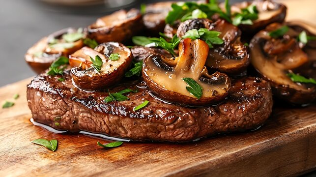 Juicy grilled sirloin steak topped with sauted mushrooms and fresh parsley