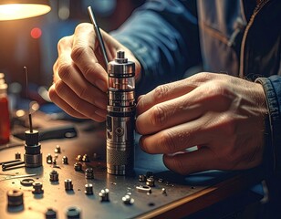 Close-up of hands meticulously assembling a complex, cylindrical vaping device on a workbench strewn with small parts