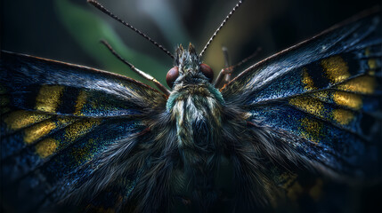 A close-up view of a butterfly with vibrant blue and yellow wings in a natural environment