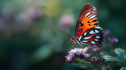 A butterfly perched on a purple flower in a lush garden scene viewed from a close-up perspective