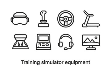 Training Simulator Icons. Outline icon set of training simulator equipment: VR headset, flight joystick, steering wheel, treadmill, motion platform, control