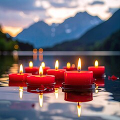 Red candles float on serene lake at sunset, reflecting in still water, with mountains in the background