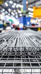 Close-up of a metallic gridded surface, possibly a conveyor or industrial mesh, within a blurred factory background