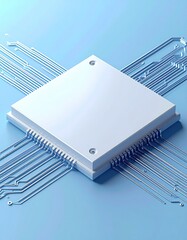 A minimalist rendering of a blank, white, square computer chip, centrally positioned on a light-blue background, with interconnected light-blue circuit lines extending diagonally