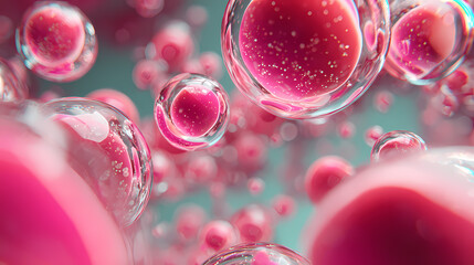 A close-up view of pink spherical particles suspended in a liquid environment