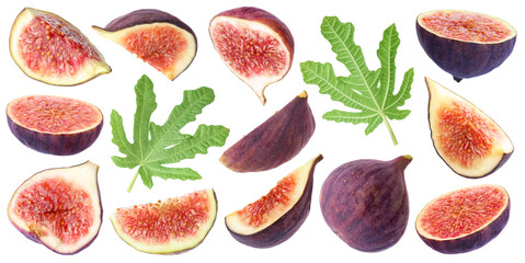 Fresh ripe figs and green leaves isolated on white, set. Whole and sliced