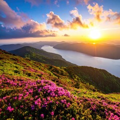 Vibrant sunset over a serene mountain lake, wildflowers blooming in the foreground, creating a breathtaking panorama