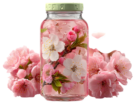 3D cherry blossom energy drink with petal illustrations and clear pink bottle, seasonal limited edition vibe, isolated on transparent background with no shadow