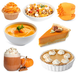 Pumpkin dishes, desserts and drink on white background, set