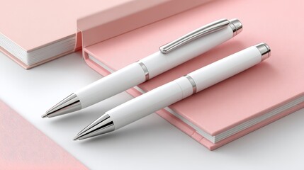 Two white ballpoint pens are placed on pink notebooks, representing office stationery items.