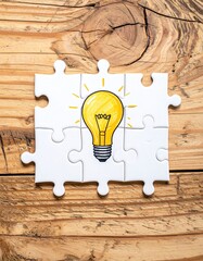 A lightbulb sketch within assembled jigsaw puzzle pieces on a rustic wooden surface