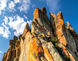 Close-up view of rugged, colorful rock formations against a partly cloudy sky