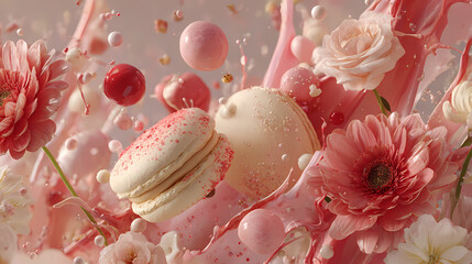 A vibrant splash of pink and white hues surrounds macarons and flowers in a whimsical, dreamy, fantastical scene.