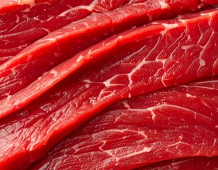 Close-up view of stacked, raw beef strips