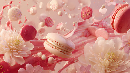 Macarons and flowers floating in a pink abstract background with sweet treats