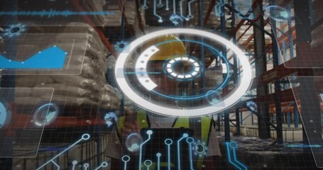 Worker focusing tablet and creating holographic display in warehouse aisle, scanning inventory data - Powered by Adobe