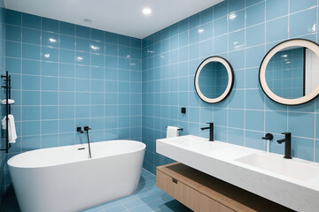 Stylish modern bathroom with bright blue tiles, freestanding bathtub, double vanity, and illuminated mirrors. Clean, minimalist design, perfect for home decor.