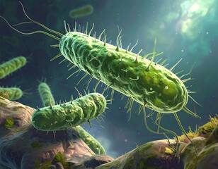 Close-up view of vibrant green bacteria