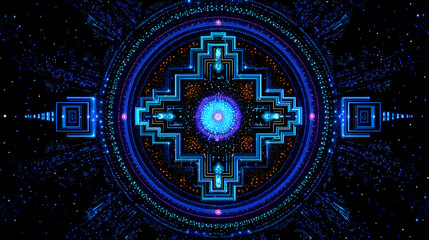 A futuristic neon-lit geometric pattern with a central glowing symbol in a dark, starry environment viewed from a straight-on perspective