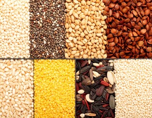 Close-up view of various seeds and grains