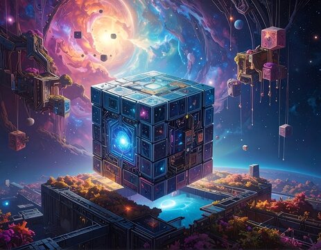 Luminous Cosmic Cube Artifact Floating Above Ruins in a Vibrant Nebula. - Powered by Adobe