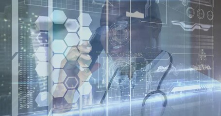 Senior physician tapping hex cell on transparent diagnostic UI, selecting data, toggling reticles - Powered by Adobe