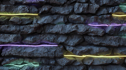 Dark stone wall with neon lights embedded in it, viewed from the front