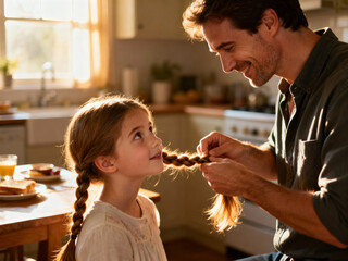 Father braiding his young daughter&rsquo;s hair in a bright kitchen