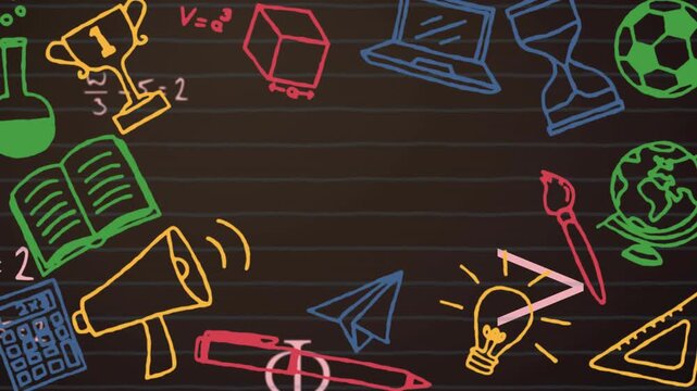Hand-drawn school icons sliding onto chalkboard, equations animating across icons illustrating math - Powered by Adobe