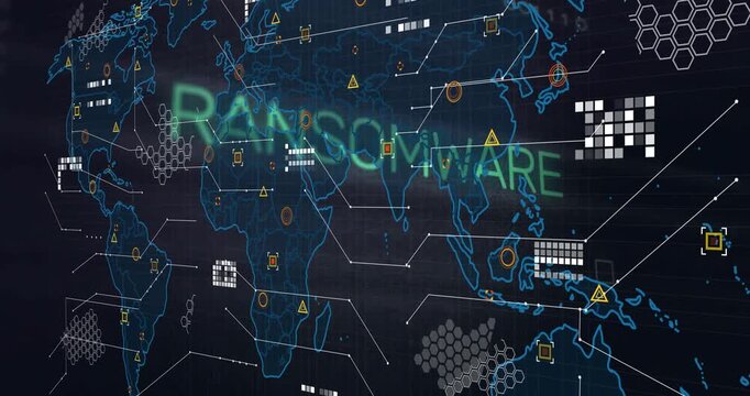 Fading letters initiating RAA morphing into RANSOMWARE, connecting data nodes for network world map
