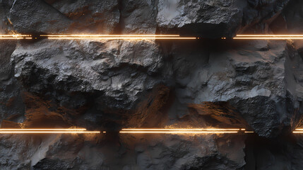 A close-up view of rugged rocky texture with illuminated golden lines, showcasing geology and natural patterns in a detailed image.
