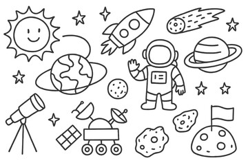 Solar System Doodle. Hand-drawn doodle illustration Solar system exploration sun, earth, moon, mars, saturn, rocket, astronaut, telescope, satellite, rover,