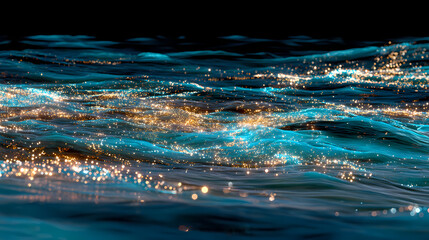 A serene ocean surface with shimmering golden lights reflecting on the water waves at dusk from a high viewpoint nytdd concept