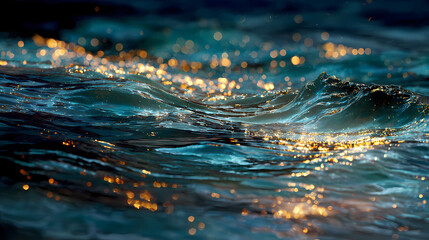 Glistening water surface with ripples and golden light reflections at dusk from a close-up viewpoint