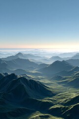 An aerial view showcases vast mountain ranges with greenery under a clear sky, presenting a serene natural landscape.