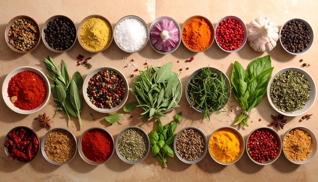 Colorful array of spices and herbs