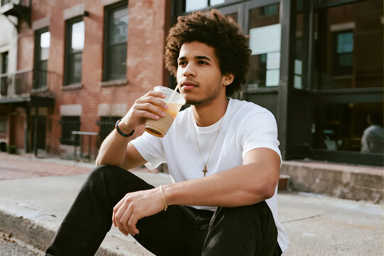 Thoughtful young man with curly hair sips iced coffee while sitting casually on a city curb on a sunny day.