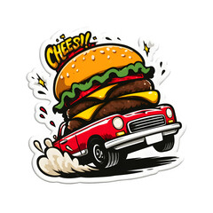 Dynamic burger car chase illustration with "CHEESY!!" text, perfect for food truck branding, restaurant menus, and fun advertising campaigns. Isolated  to Transparent  Background