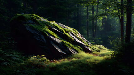 Obraz premium Sunlit Stone Sanctuary: Sunlight illuminates a moss-covered rock formation, set amidst a vibrant green forest, creating a scene of tranquil natural beauty.