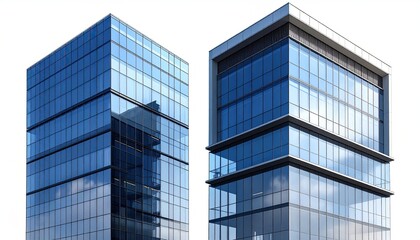 Obraz premium Two modern glass skyscrapers, one taller and slightly wider, the other shorter and more compact, against a white background, showcasing contemporary architecture