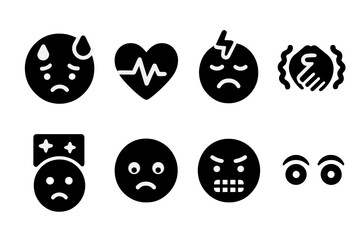 Fototapeta premium Stress Alert Icons. Solid, filled icon set of stress warning signs: sweating face, rapid heartbeat, headache, shaking hands, sleeplessness, frown, clenched
