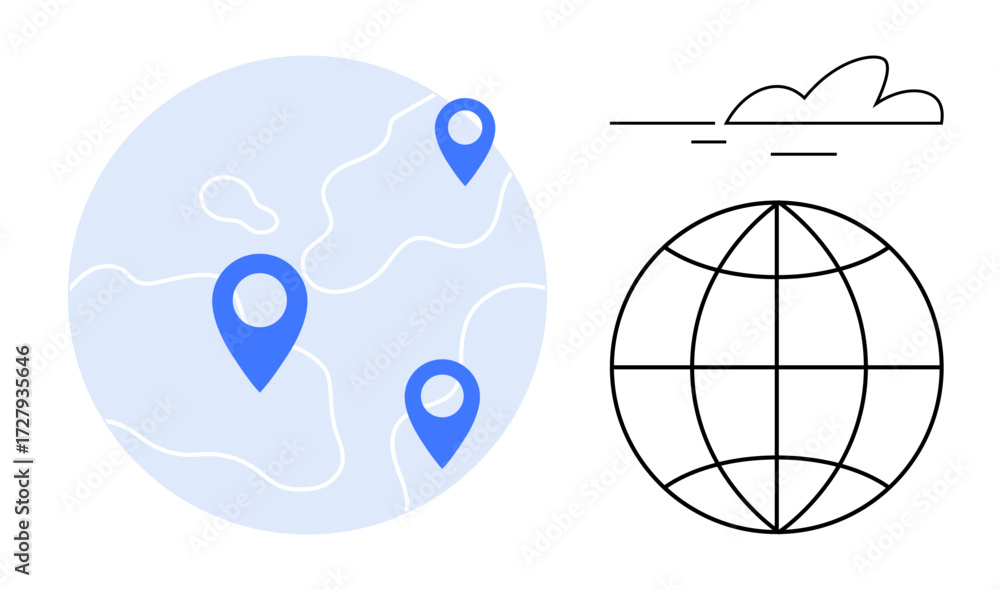 Poster blue location pins on a globe with abstract grid representation of earth and a cloud symbol. ideal f