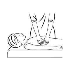 Line drawing illustration of a person receiving a massage on their abdomen isolated on white background