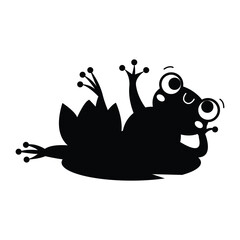 A black silhouette illustration of a woman dancer jumping in action with a frog on a leaf