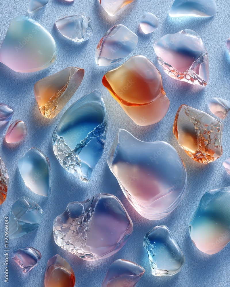 Wall mural display of various colorful and transparent glass-like objects with different shapes and shiny surfa
