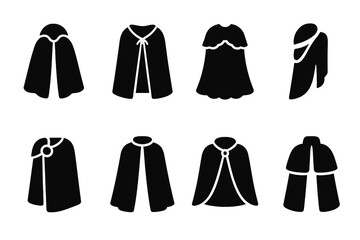 Historical Capes Icon Set. Solid, filled icon set of historical capes: medieval cape, Renaissance cape, Victorian cape, Roman toga, Viking cloak, Elizabethan